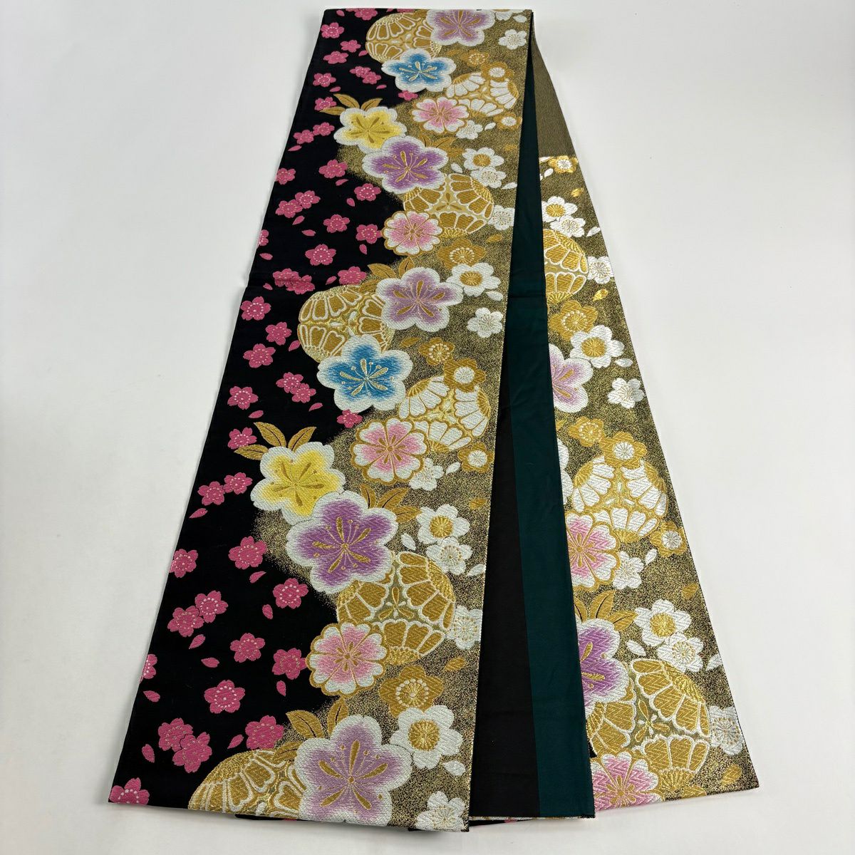 【美品】 袋帶 秀品級 櫻花 金銀彩 金金箔 黑 六通 純蠶絲