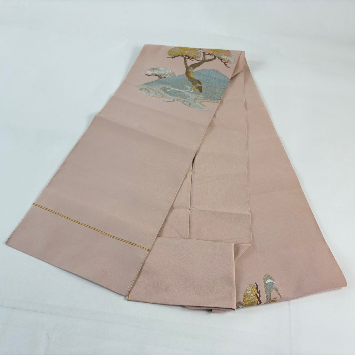 名古屋帶 秀品級 八寸名古屋帶 松樹葉仕立 松樹 流水 金銀彩 綴織 粉紅 純蠶絲