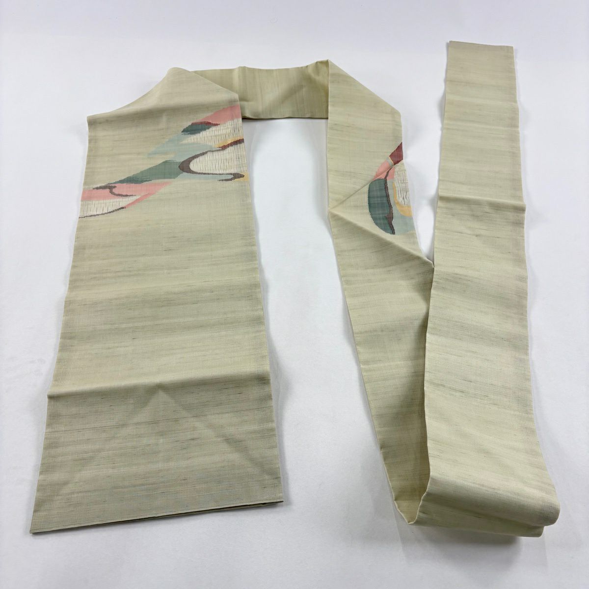 【美品】 名古屋帶 秀品級 夏帶 流水 幾何圖案 灰綠 純蠶絲