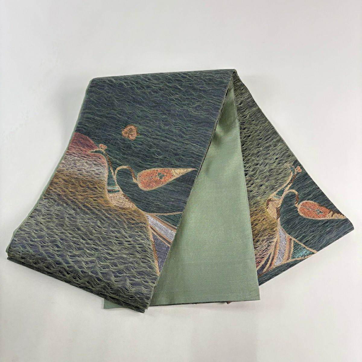 【美品】 袋帶 秀品級 鳥 金金箔 金絲 灰綠 お太鼓圖案 純蠶絲