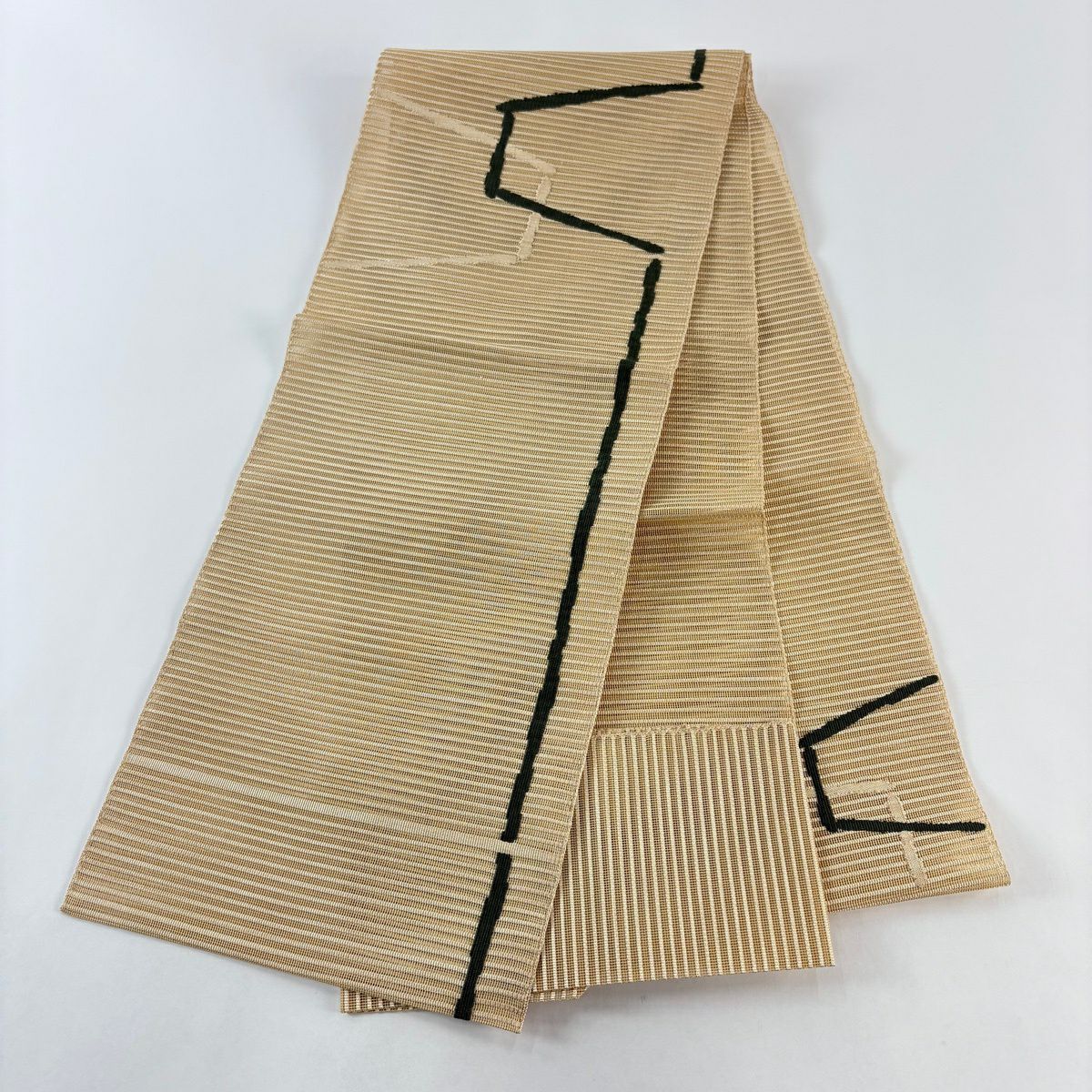 【美品】名古屋帶 秀品級 夏帶 八寸名古屋帶 松樹葉仕立 幾何學圖案 米色 純蠶絲