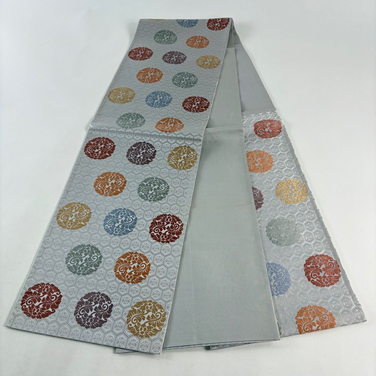 袋帶 秀品級 千壽錦 龜甲 葉紋 刺繡 灰 深藍 六通 純蠶絲