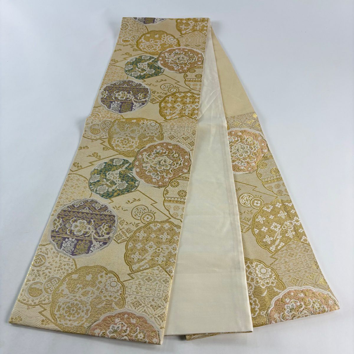 【美品】 袋帶 秀品級 鏡裏花重文 花鳥 金銀彩 金金箔 金色 六通 純蠶絲