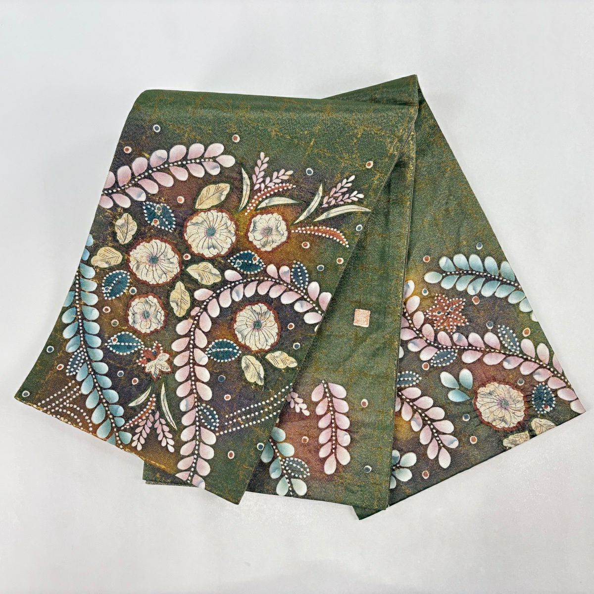【美品】 袋帶 名品級 落款あり 辻花染 金金箔 鶯色 お太鼓柄 純蠶絲