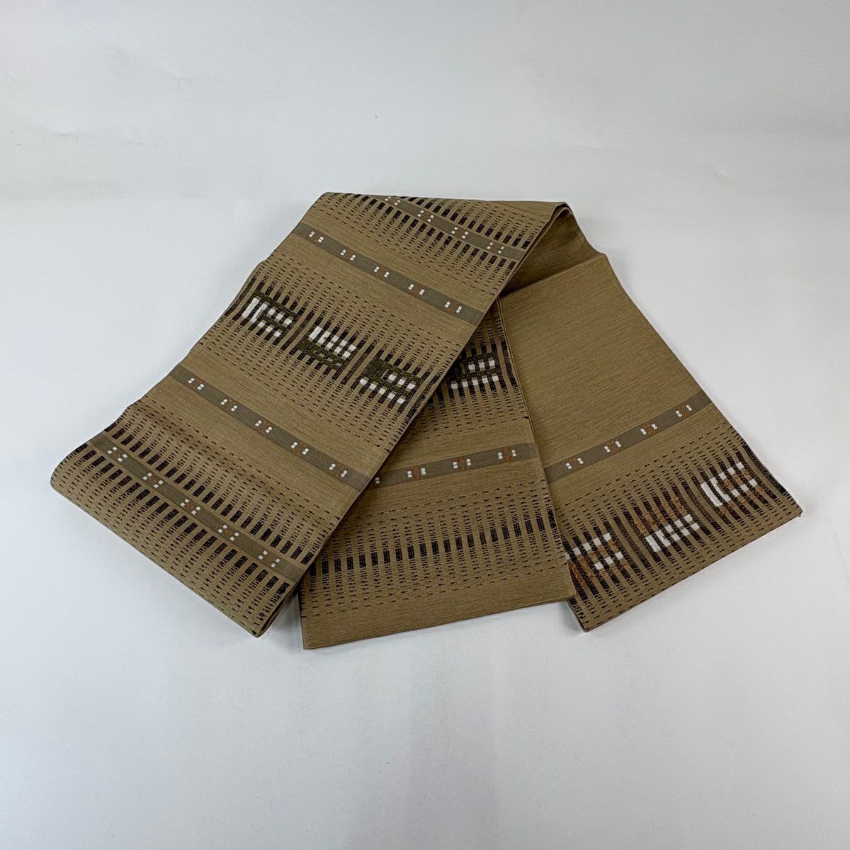 【美品】 袋帶 名品級 條紋 幾何圖案 米色 大鼓圖案 純蠶絲