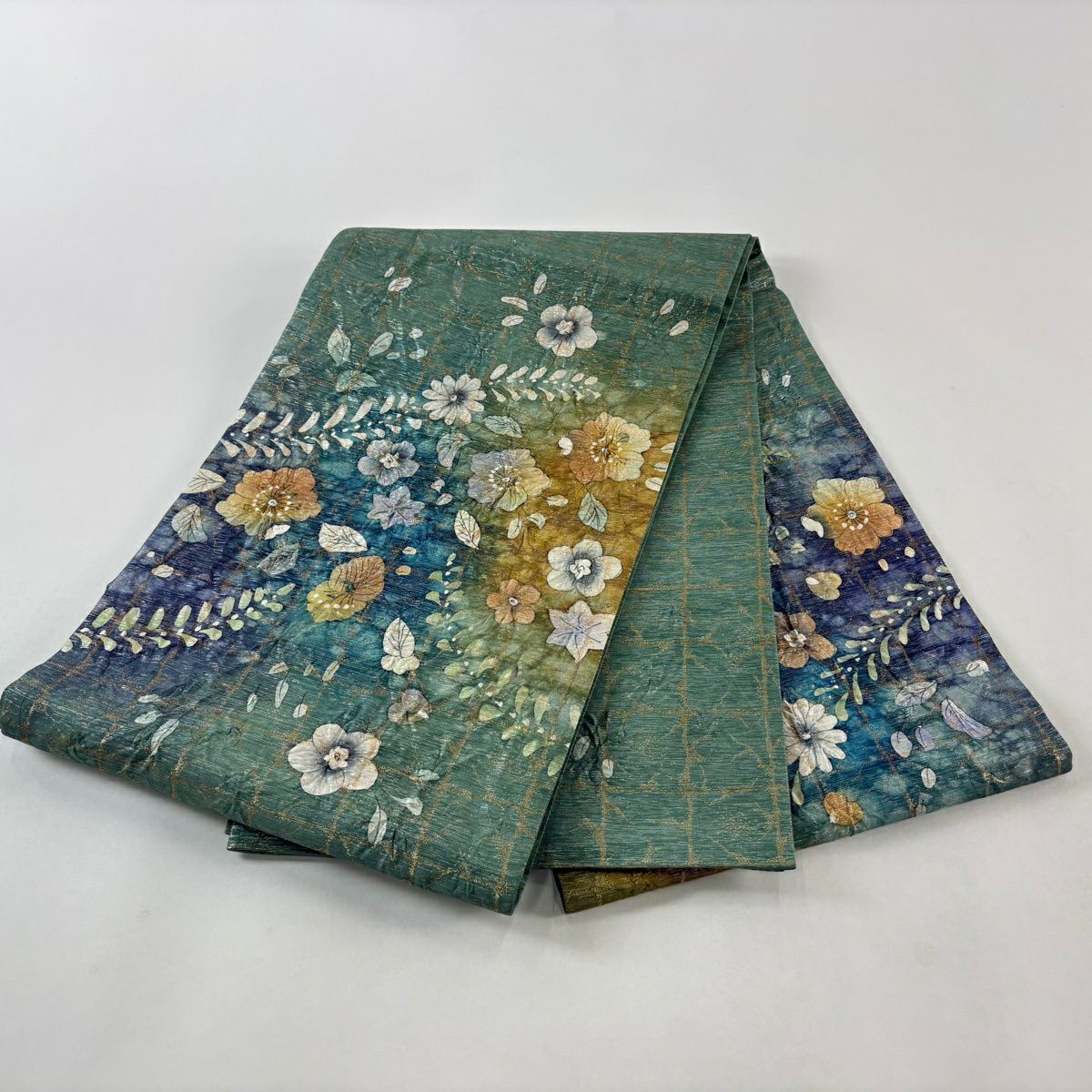 【美品】 袋帶 名品級 草花紋紋 金金箔 灰綠色 お太鼓圖案 純蠶絲