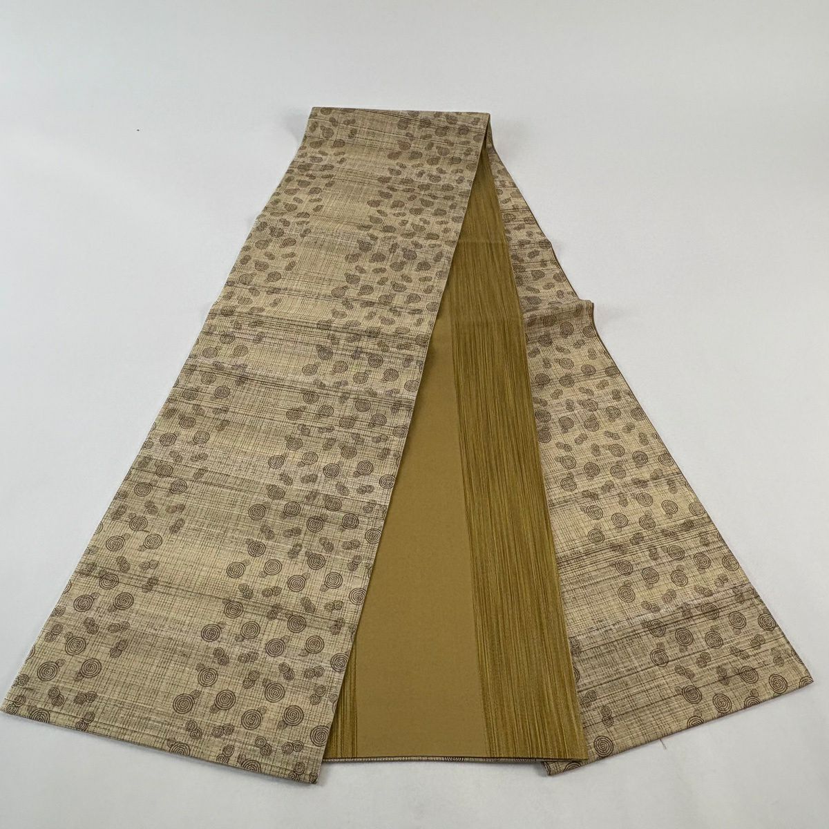 【美品】 袋帶 名品級 證書齊全 柿渋染 渦卷紋 縞紋 金絲 米色 全通 純蠶絲