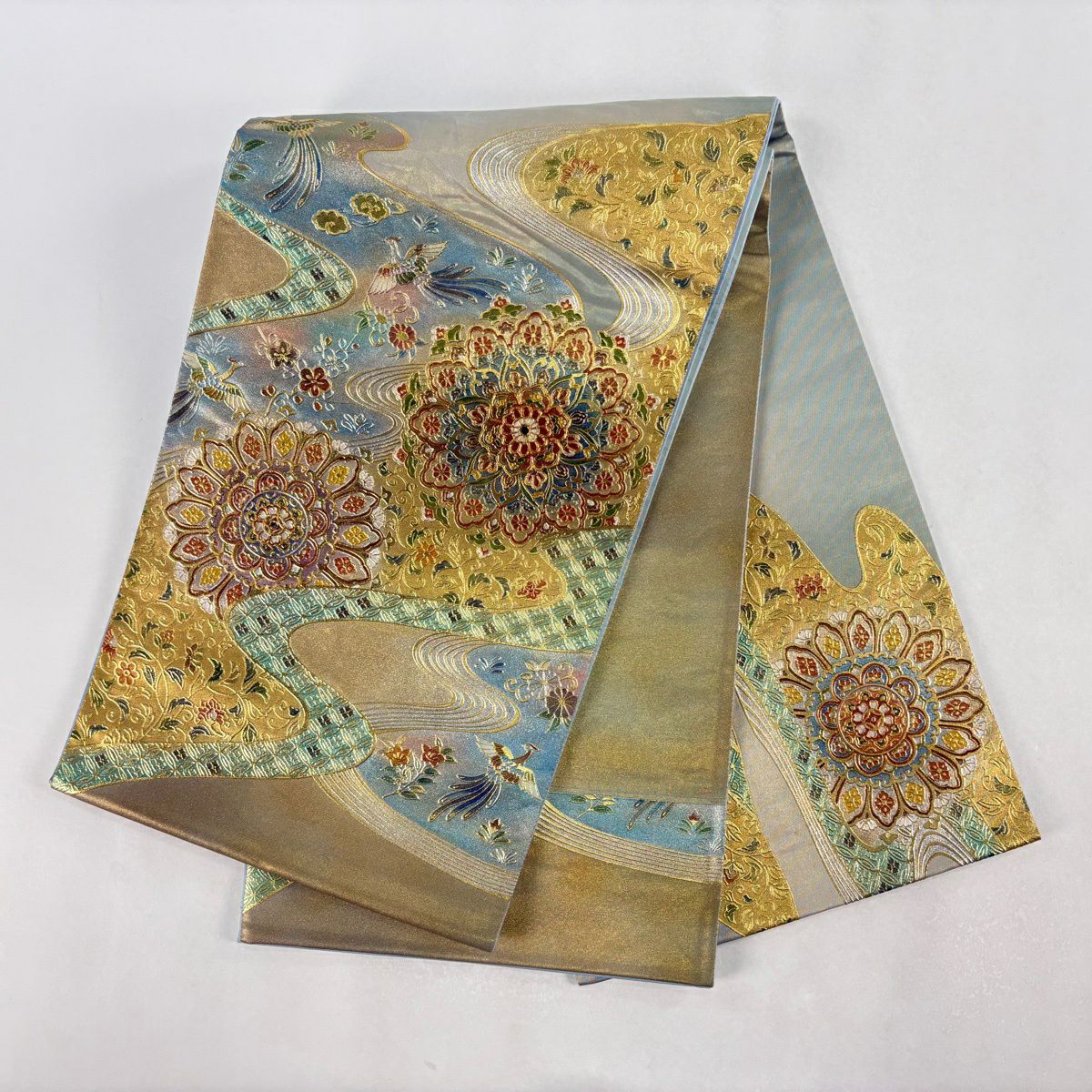 【美品】 袋帶 名品級 華紋 花鳥 金銀彩 漸變 金色 大鼓圖案 純蠶絲