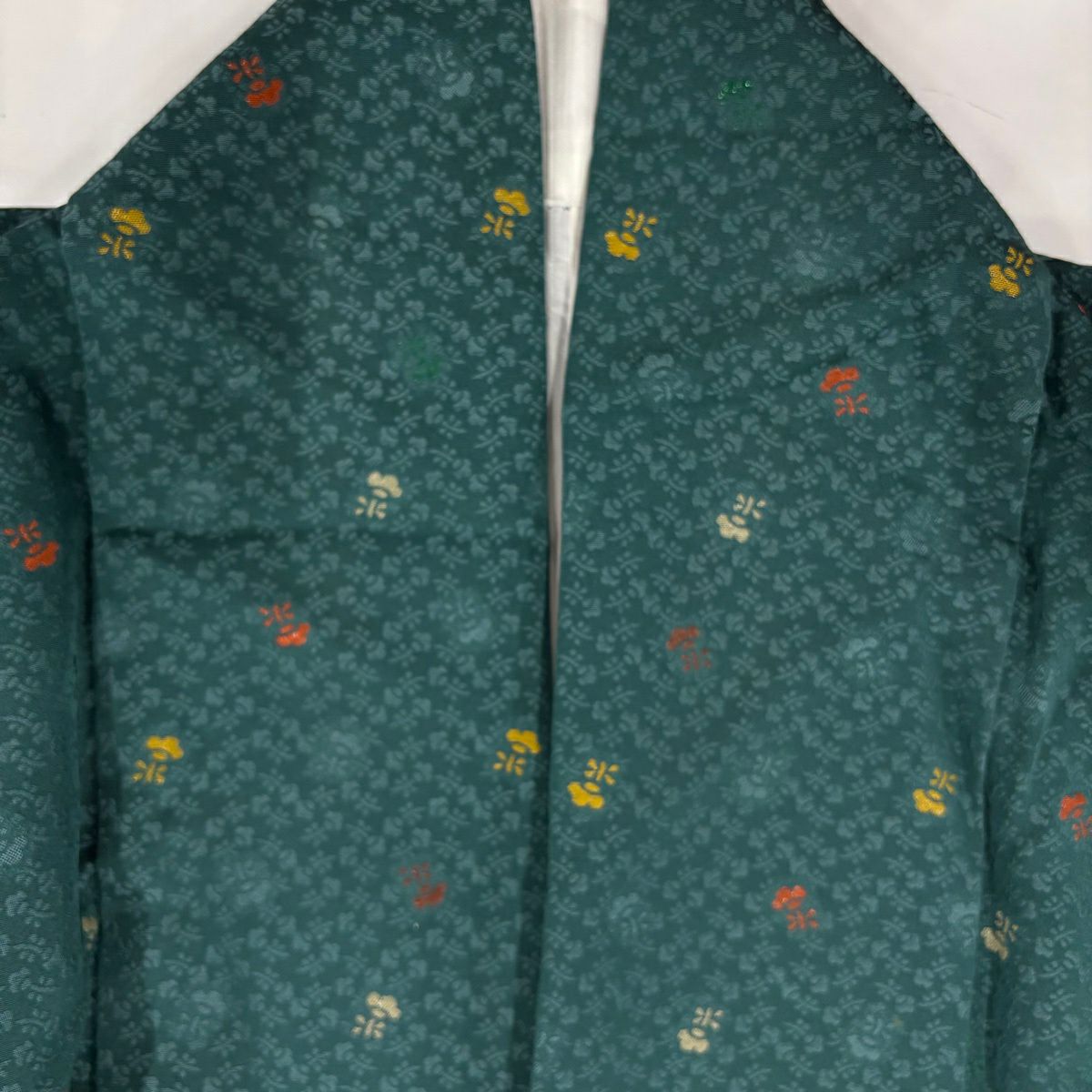 小紋 身長154.5cm 袖長67cm M 雙層 草花紋紋 地紋 金金箔 綠 純蠶絲 秀品級