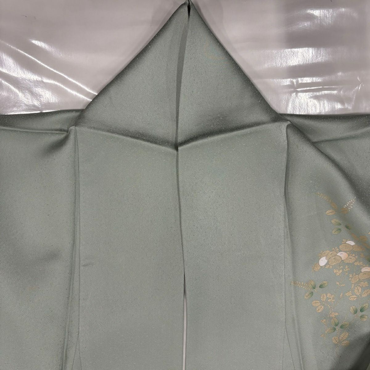 付下 身長151.5cm 袖長64cm M 雙層 扇子面 萩 刺繡 金彩裝飾 淺綠 純蠶絲 優品級
