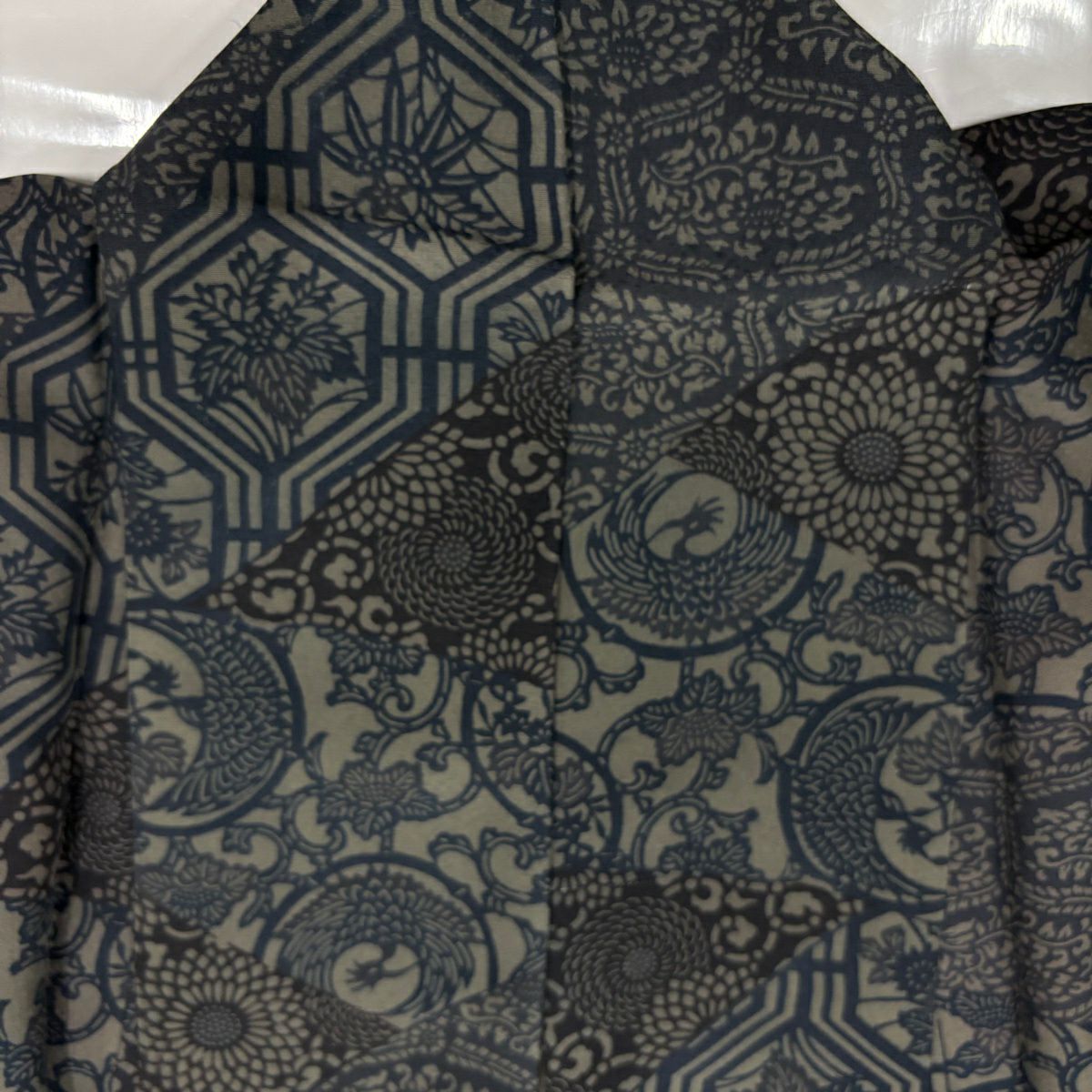 【美品】 小紋 身長162cm 袖長63.5cm S 雙層 菊花唐草紋 鳥 灰綠 純蠶絲 秀品級