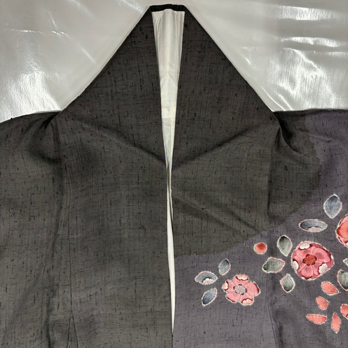 【美品】訪問服 身長155cm 袖長64cm M 雙層 紬織織 辻花染 絞染 灰紫 純蠶絲 秀品級