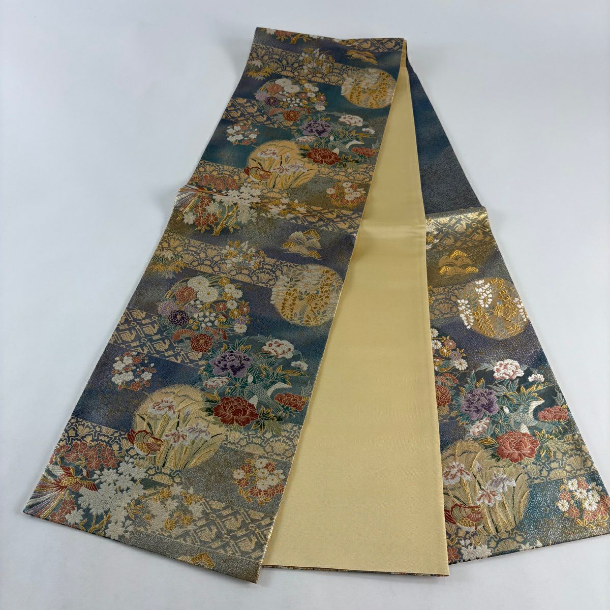 【美品】 袋帶 秀品級 草花紋紋 鳥 刺繡 金金箔 青綠 六通 純蠶絲
