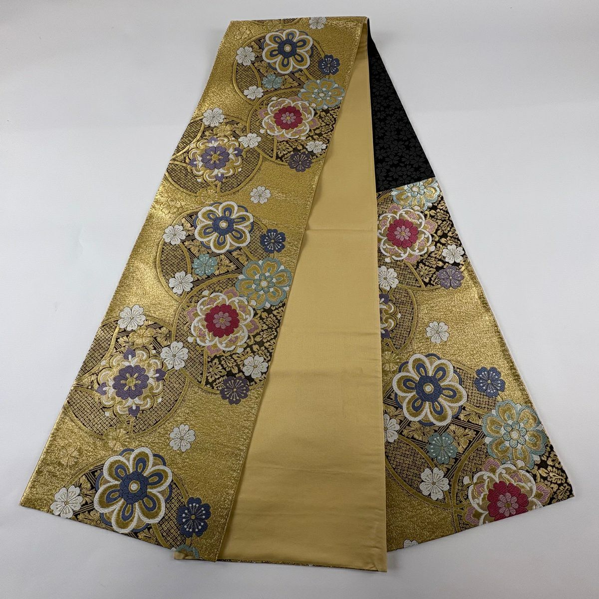 【美品】 袋帶 秀品級 華紋 櫻花 金絲 金金箔 金色 六通 純蠶絲