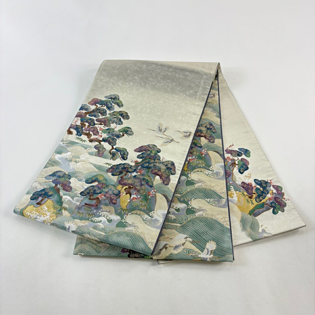 袋帶 秀品級 附有落款 松樹竹子梅花 仙鶴 金絲 金金箔 灰綠 お太鼓圖案 純蠶絲