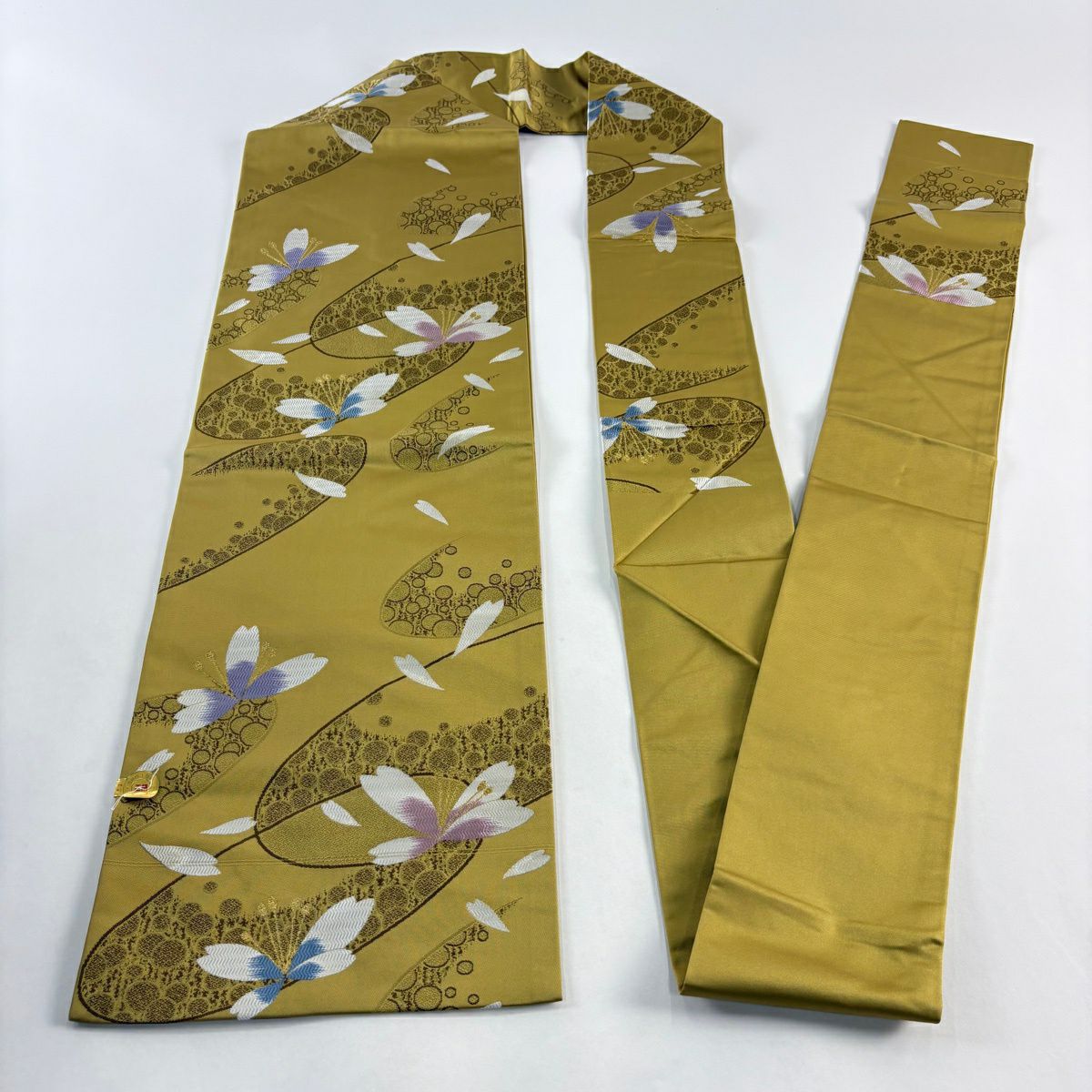 【美品】 名古屋帶 秀品級 證書齊全 櫻花 幾何學 金線 鶯色 純蠶絲