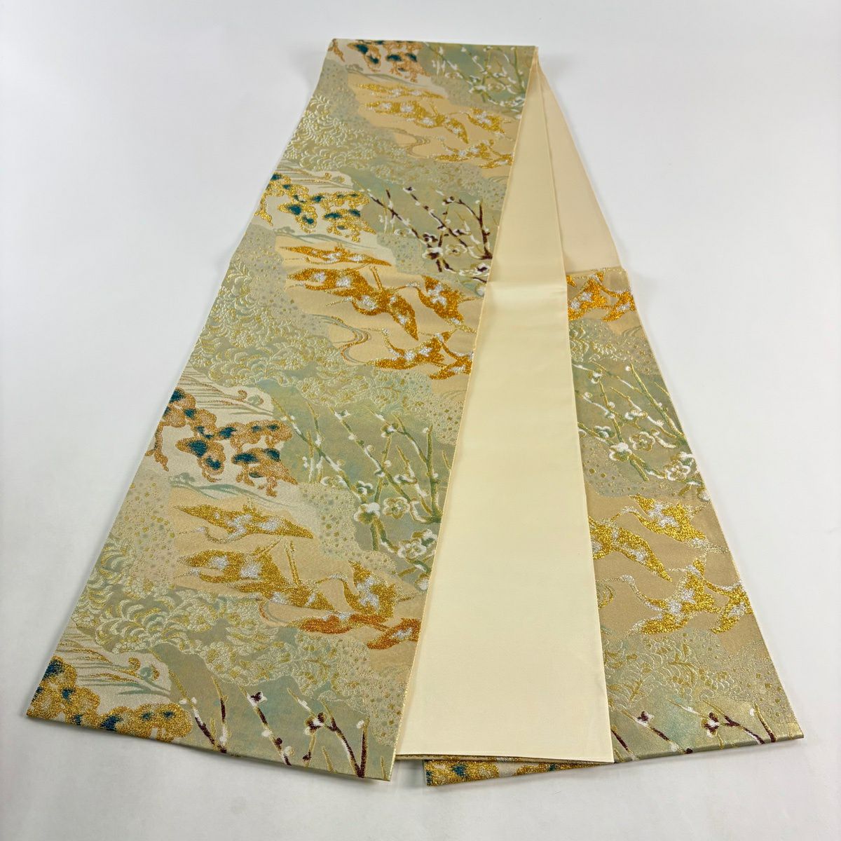 【美品】 袋帶 秀品級 梅花 仙鶴 金絲 金金箔 金色 六通 純蠶絲