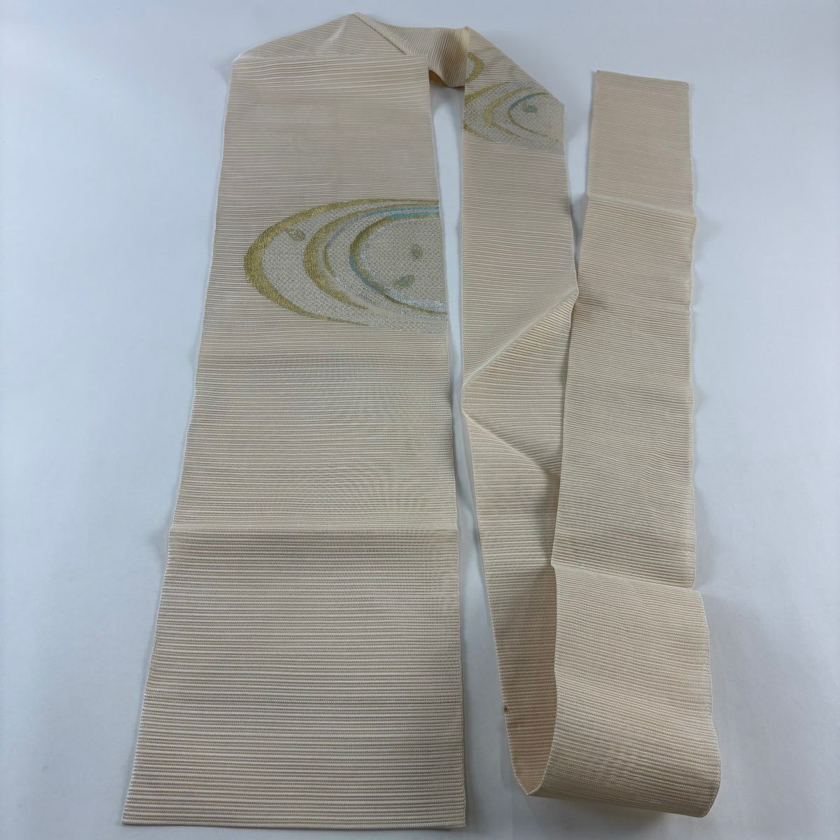 【美品】名古屋帶 秀品級 夏帶 絽 八寸名古屋帶 葉 幾何學 金銀彩 米色 純蠶絲