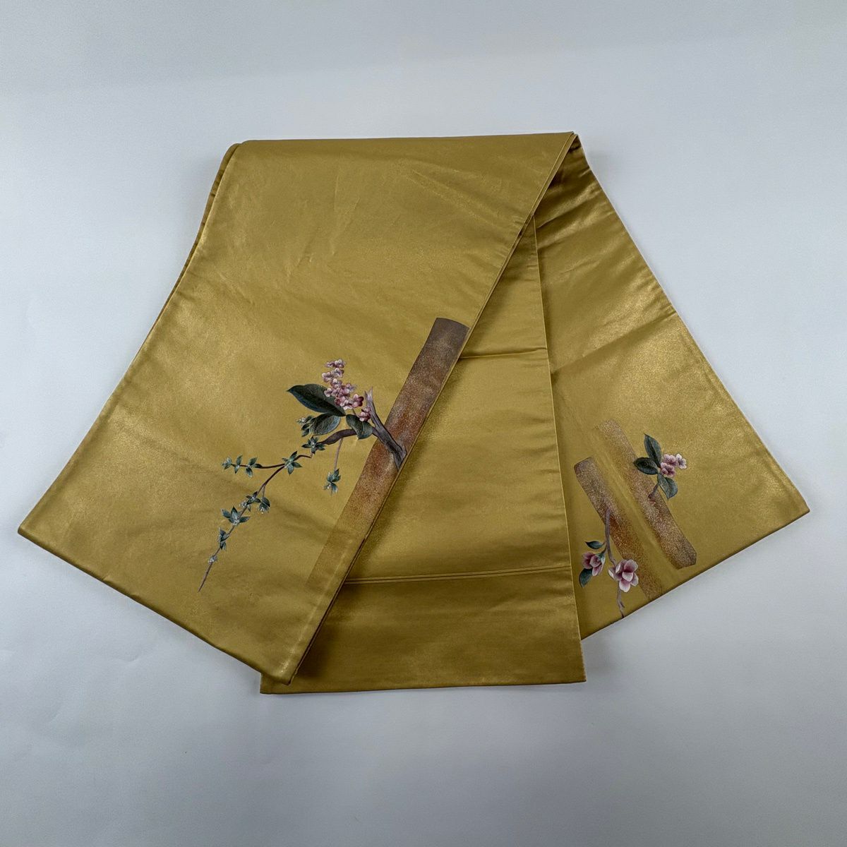 袋帶 秀品級 花器 草花紋紋 刺繡 金線 金色 大鼓圖案 純蠶絲