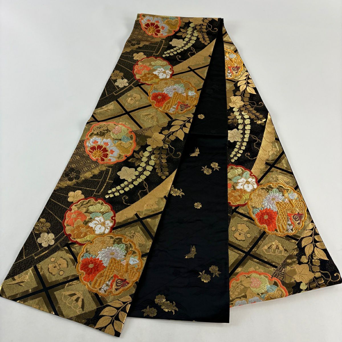 袋帶 秀品級 雪輪 草花紋刺繡 金銀彩 黑 全通 純蠶絲