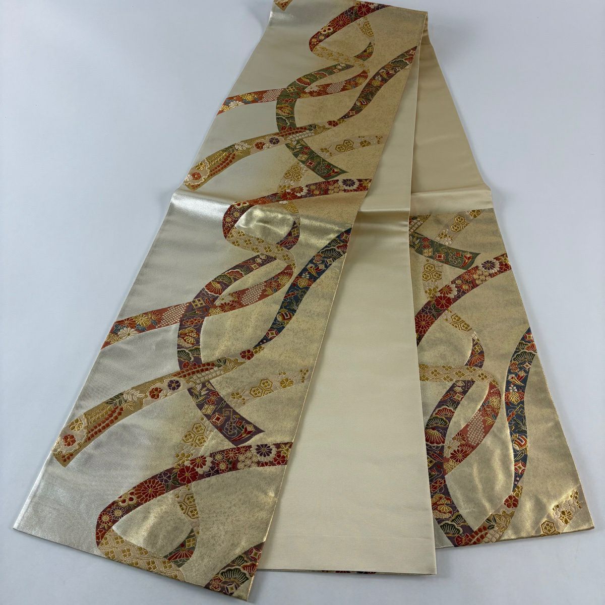 【美品】 袋帶 秀品級 誰袖延壽文 草花紋紋 金絲刺繡 金色 六通 純蠶絲