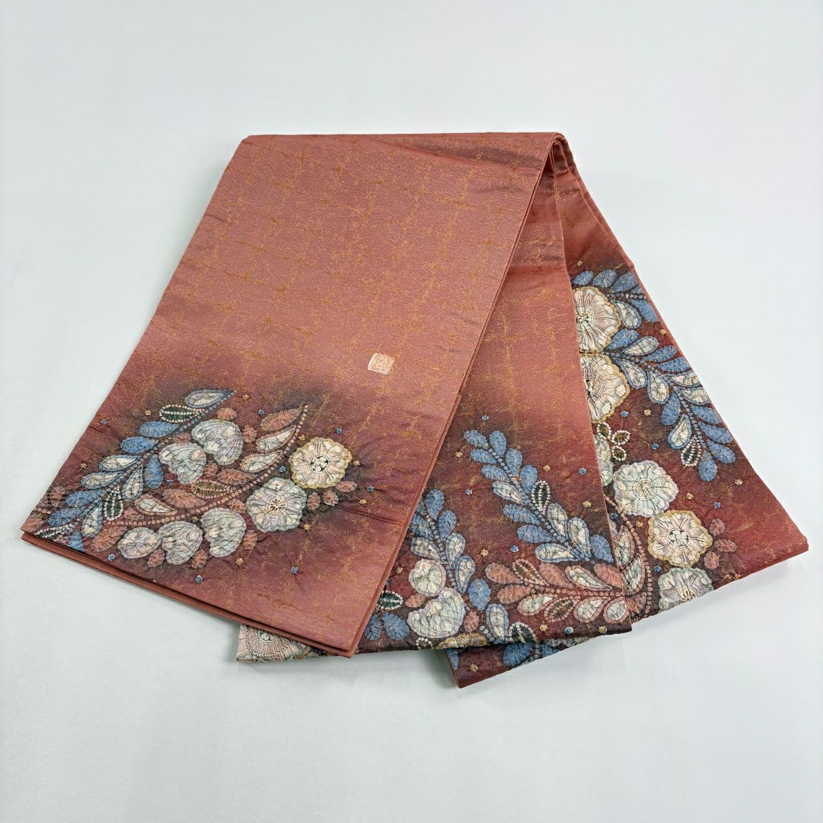 【美品】 袋帶 秀品級 附落款 辻花染 銀線 金金箔 茜色 大鼓圖案 純蠶絲