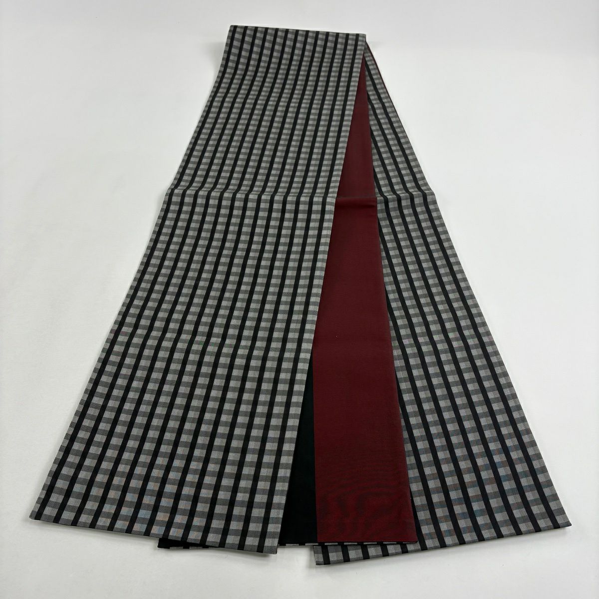 【美品】 袋帶 秀品級 格子 灰色 全通 純蠶絲