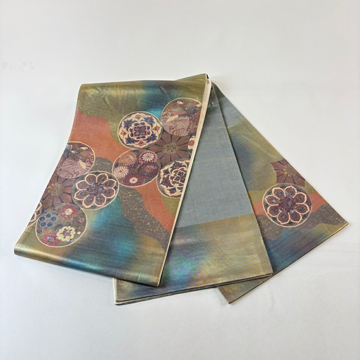 袋帶 秀品級 華紋 菊花 金金箔 青綠 お太鼓圖案 純蠶絲