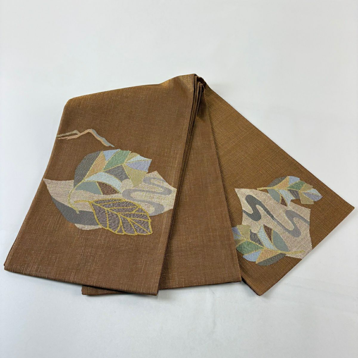 【美品】 袋帶 秀品級 夏帶 葉紋 金絲 茶 お太鼓紋 純蠶絲