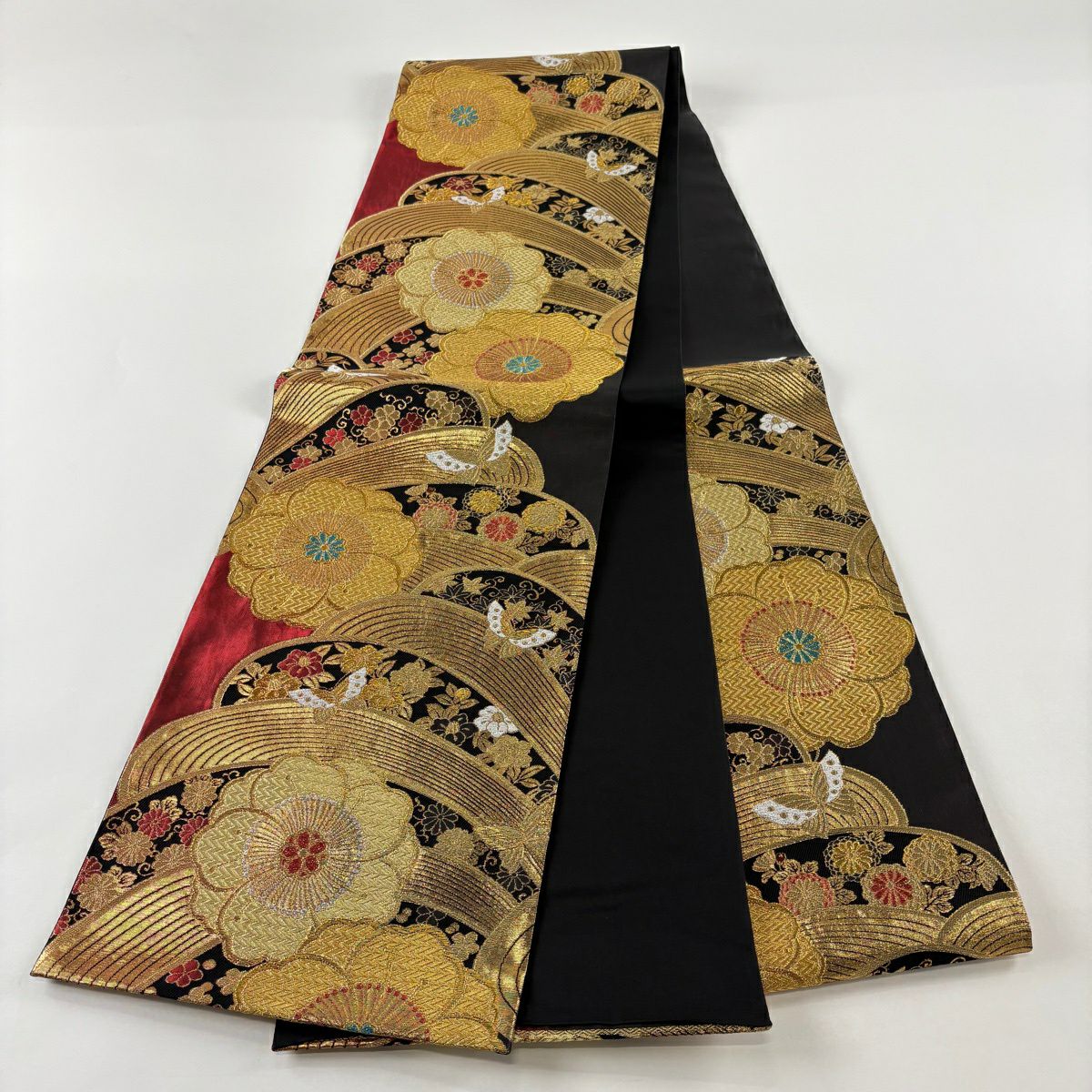 【美品】 袋帶 秀品級 振袖禮服禮服用 草花紋紋 波 金銀彩 金金箔 黑 六通 純蠶絲
