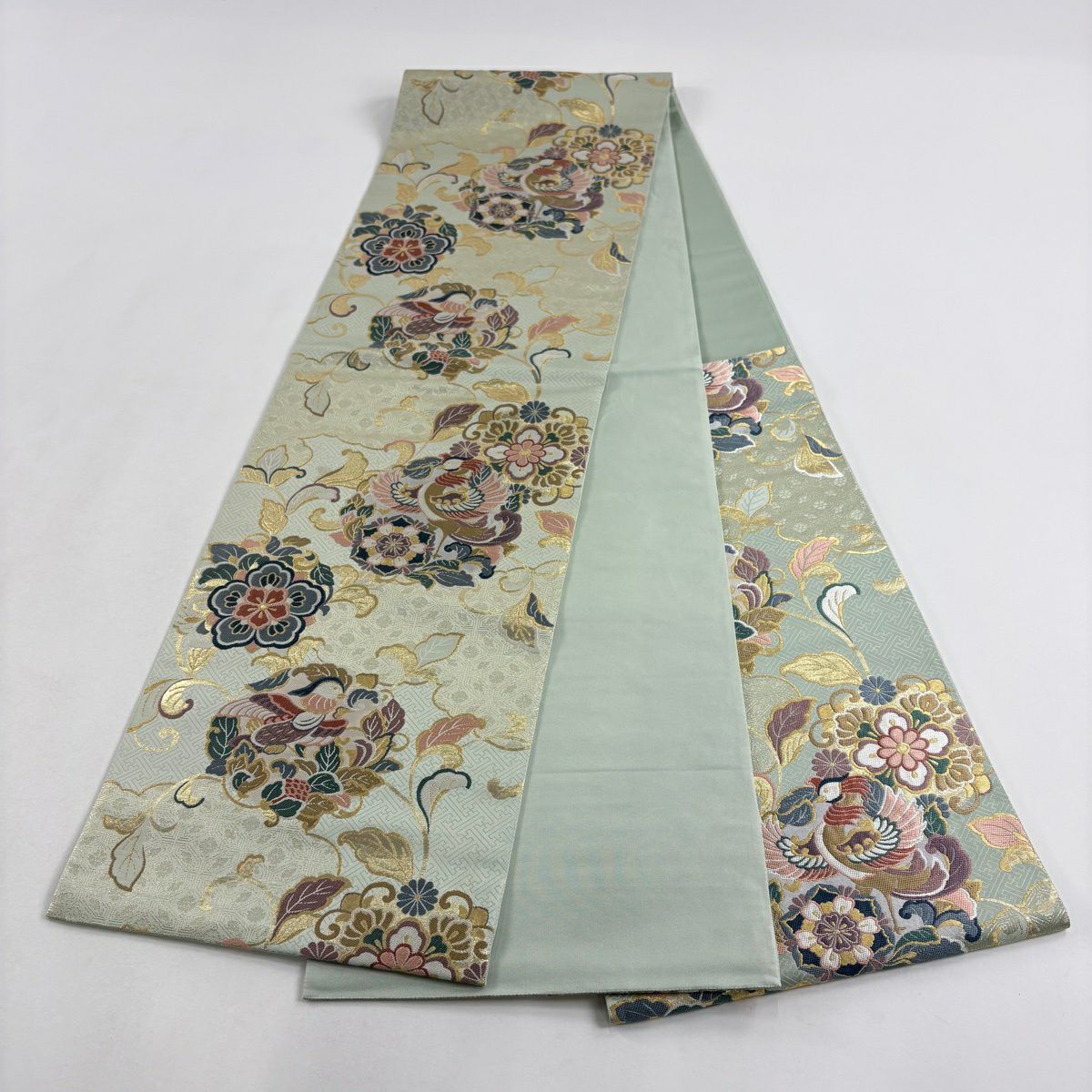 【美品】 袋帶 秀品級 鳳凰 花唐草紋 金絲 金金箔 淺綠 六通 純蠶絲