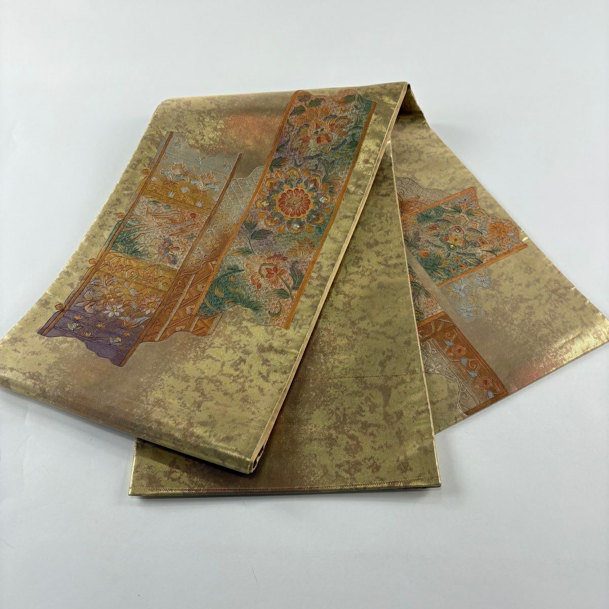 【美品】 袋帶 秀品級 關西仕立 華紋 鳥 螺鈿 金金箔 金色 大鼓圖案 純蠶絲