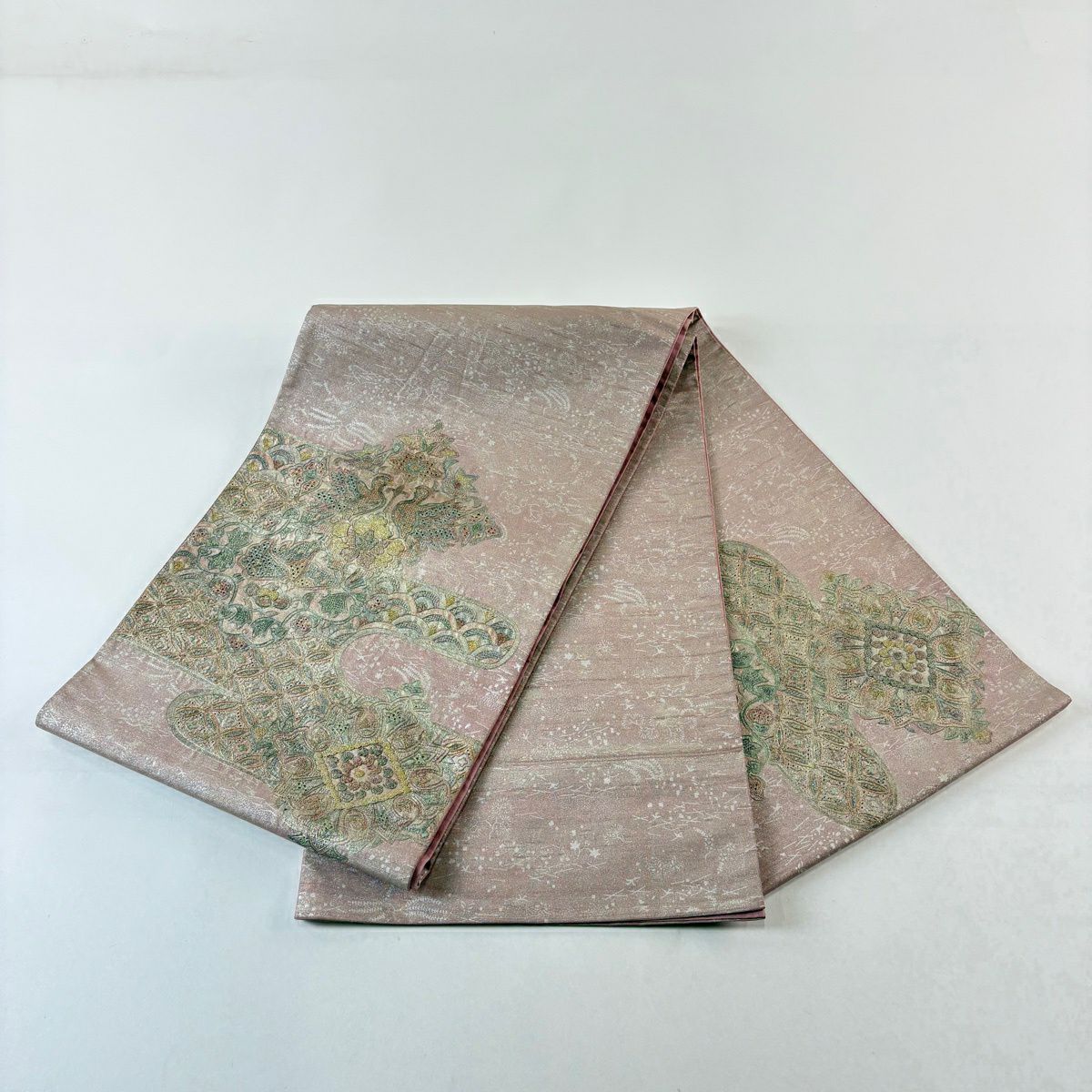 袋帶 秀品級 紬織織 草花紋紋 薄小豆 刺繡 金銀彩 正蠶絲