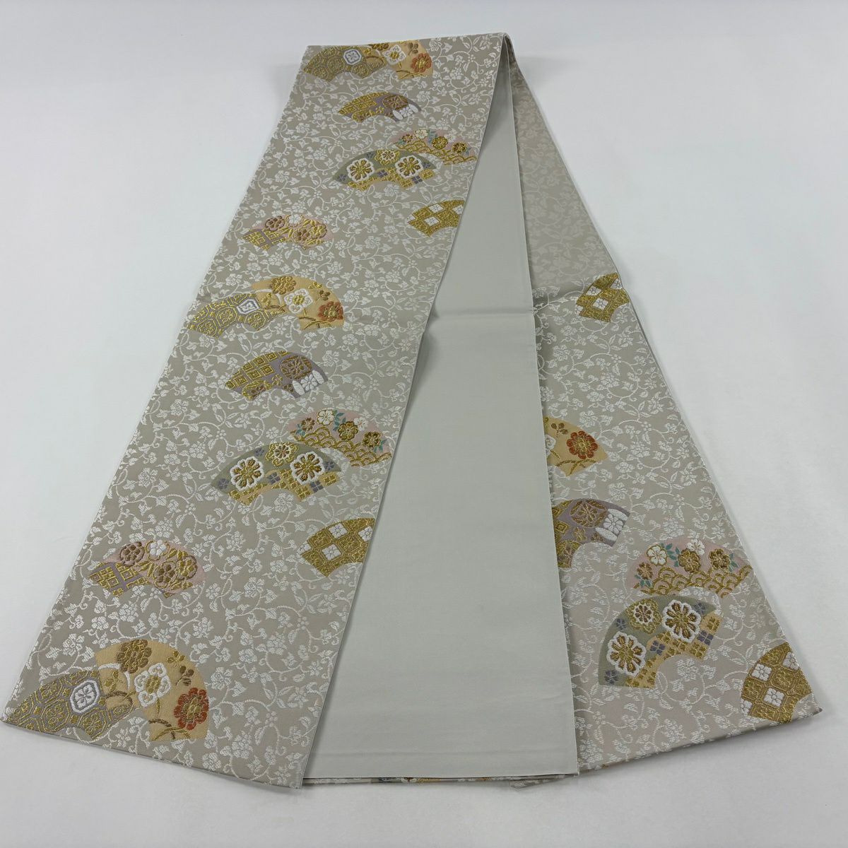 【美品】 袋帶 名品級 扇子面 花唐草紋 金絲 灰茶 六通 純蠶絲