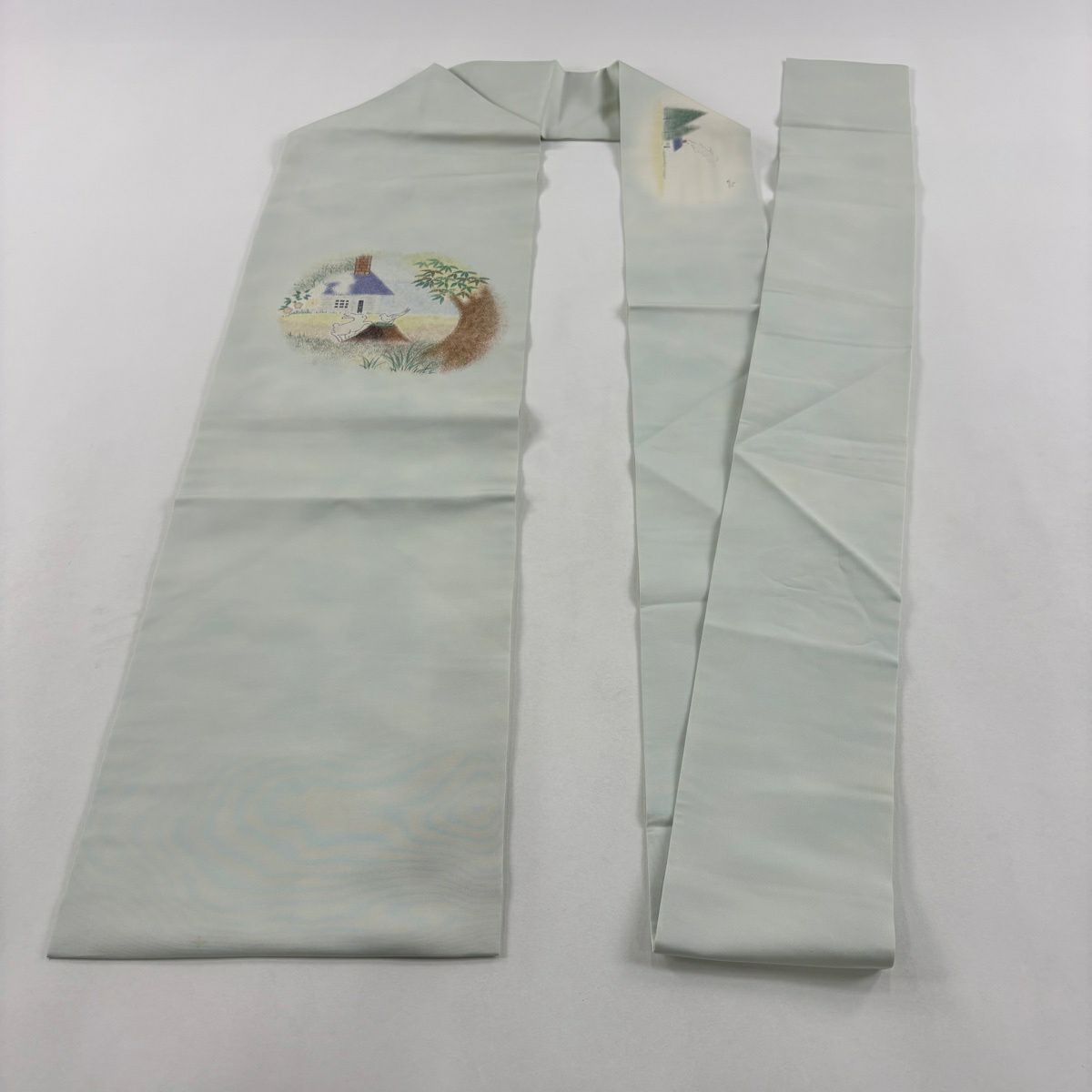 名古屋帶 名品級 家屋 動物 淺綠 純蠶絲