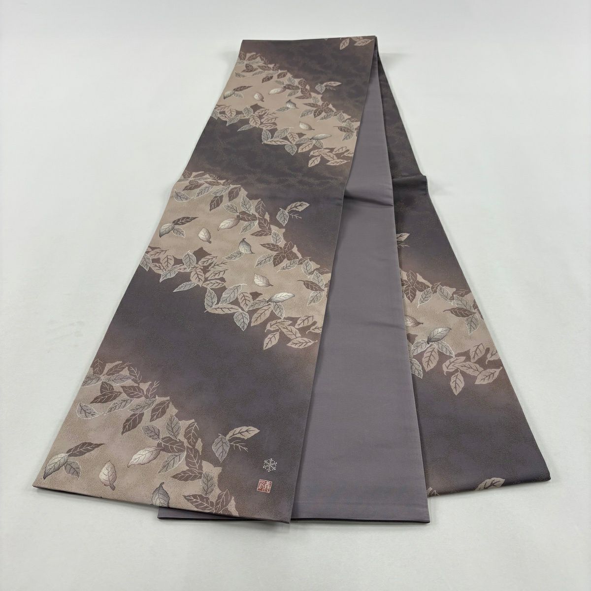 【美品】 袋帶 名品級 落款あり 葉柄 金糸 紫 六通 純蠶絲