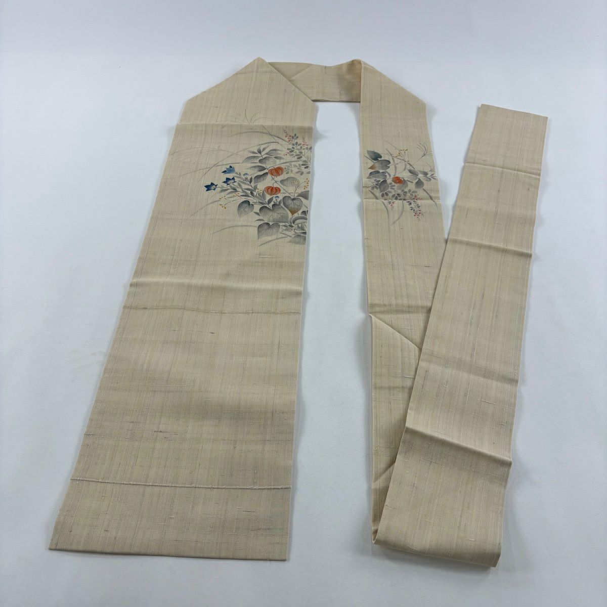 【美品】名古屋帶 名品級 紬織織 桔梗 鬼燈 米色 純蠶絲