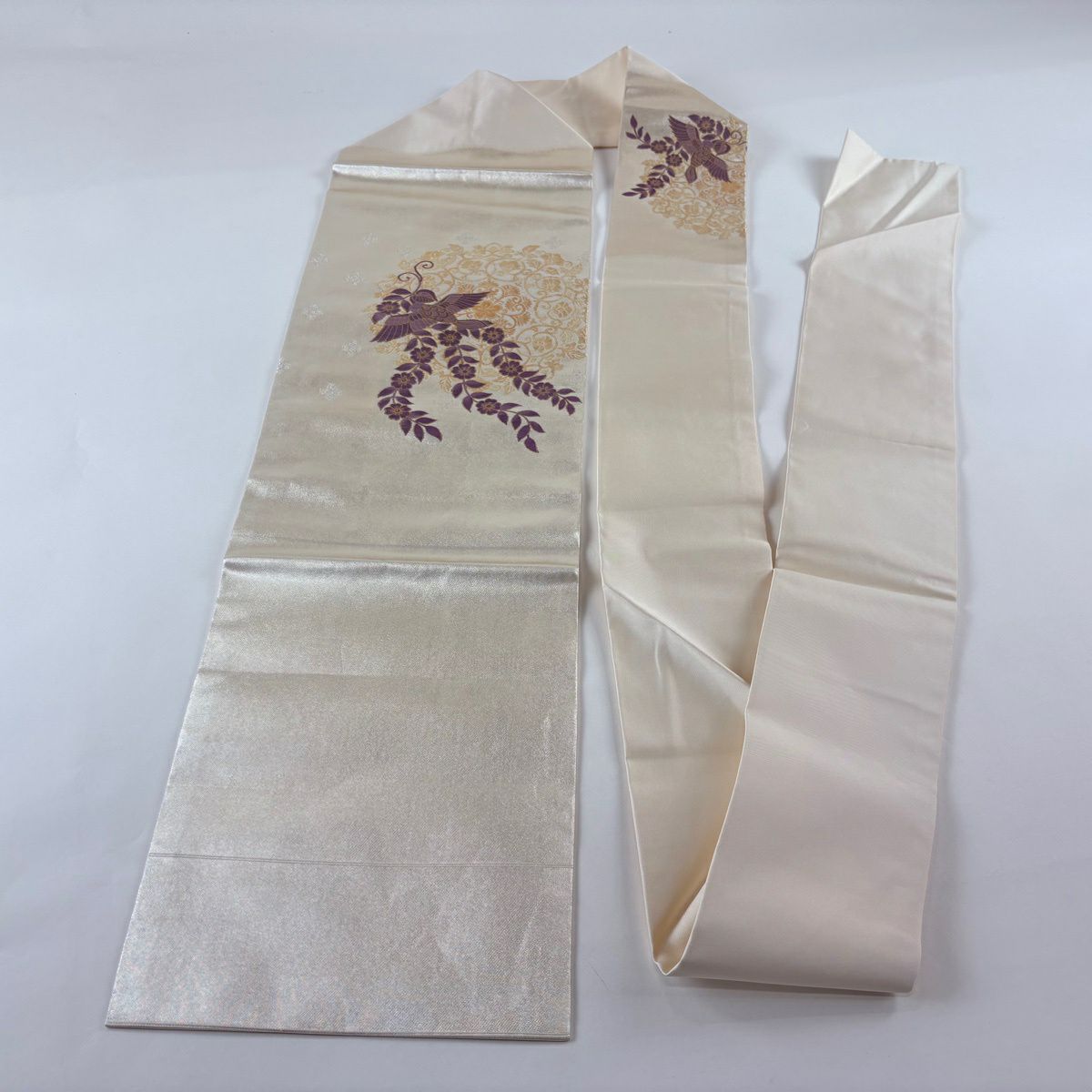 【美品】 名古屋帶 名品級 帝王紫 附落款 關西仕立 花喰鳥 華紋 金銀彩 金金箔 銀色 純蠶絲