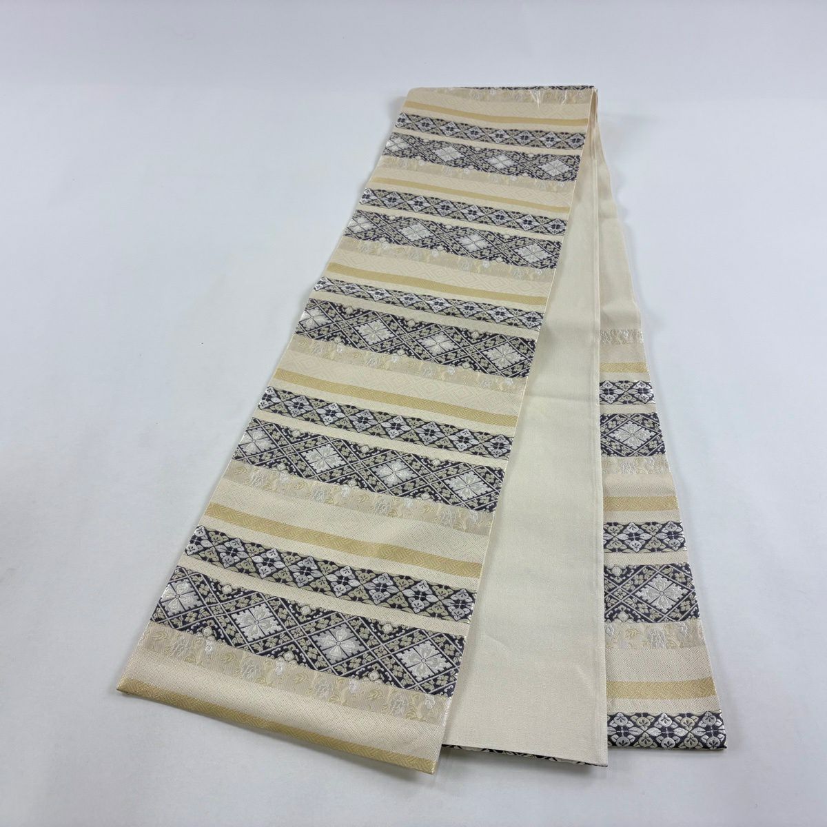 袋帶 名品級 鈴乃屋 正倉紋樣 刺繡 米色 六通 純蠶絲