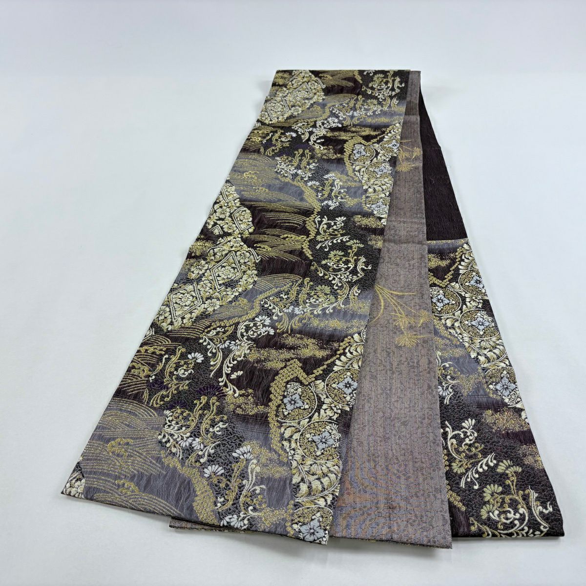 【美品】 袋帶 名品級 花唐草紋 華紋 金絲 刺繡 茶紫 六通 純蠶絲