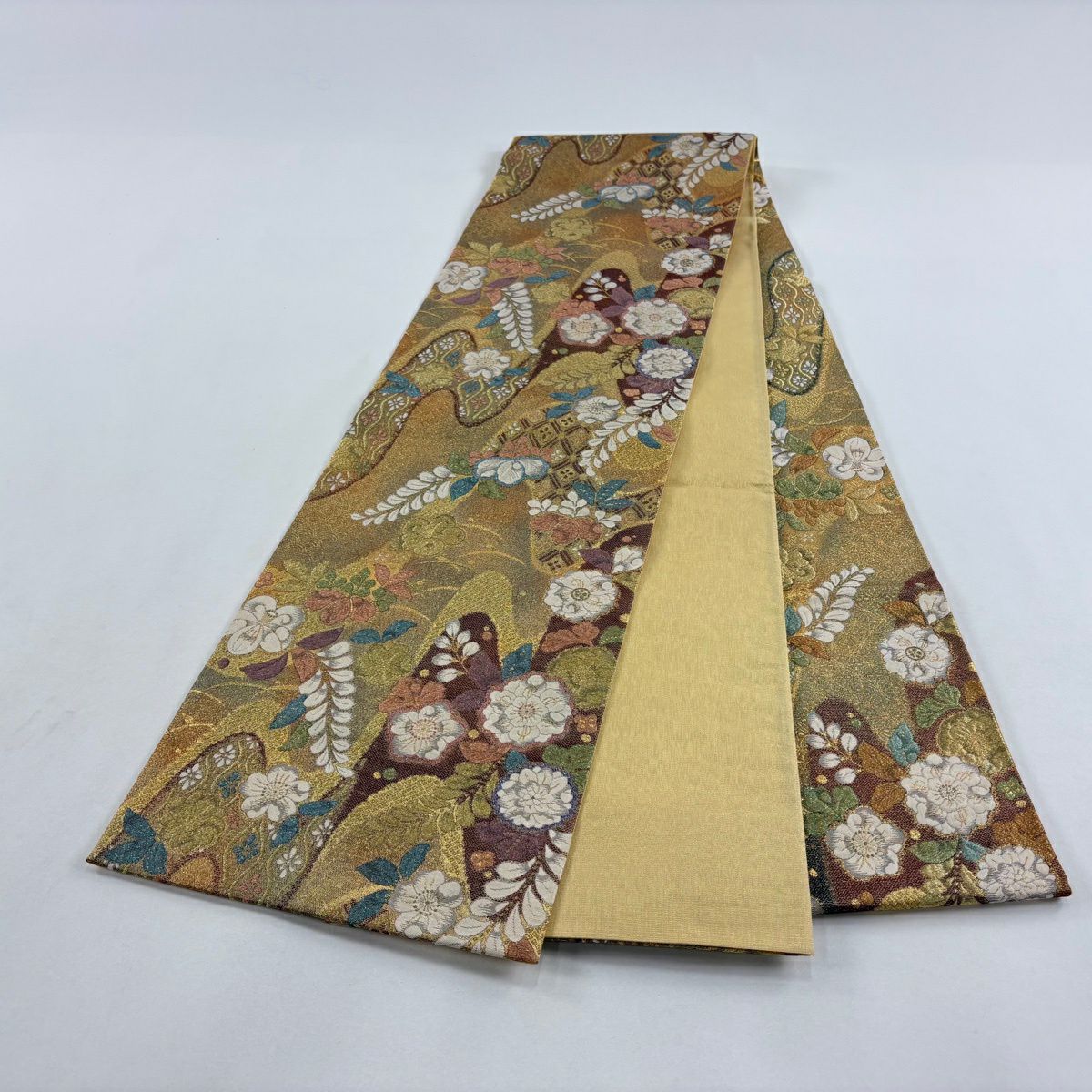 【美品】 袋帶 名品級 大和 手先二通草花紋 露芝 金絲 金金箔 金色 全通 純蠶絲