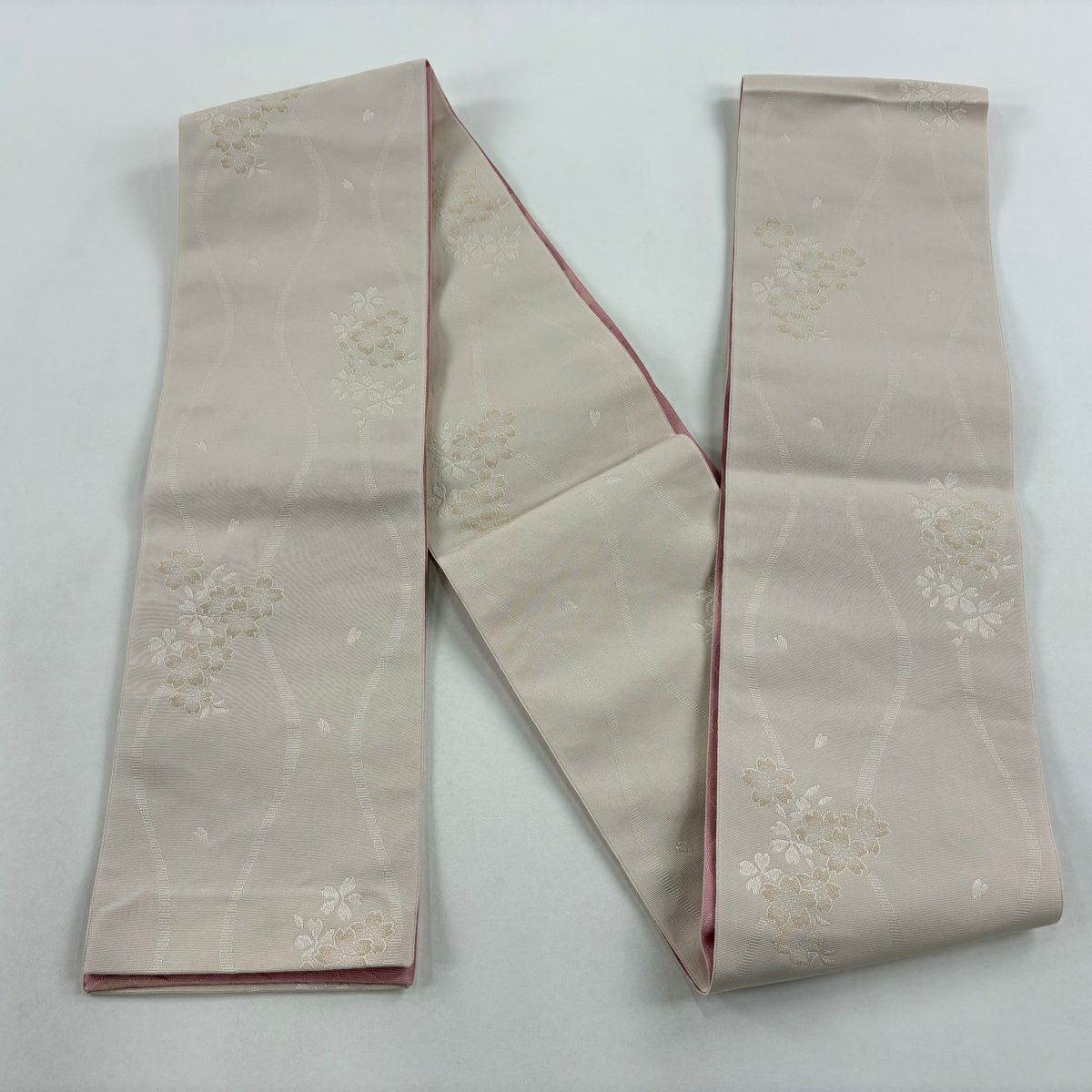 【美品】半幅帶 優品級 夏音 立涌 櫻花 米色 化纖