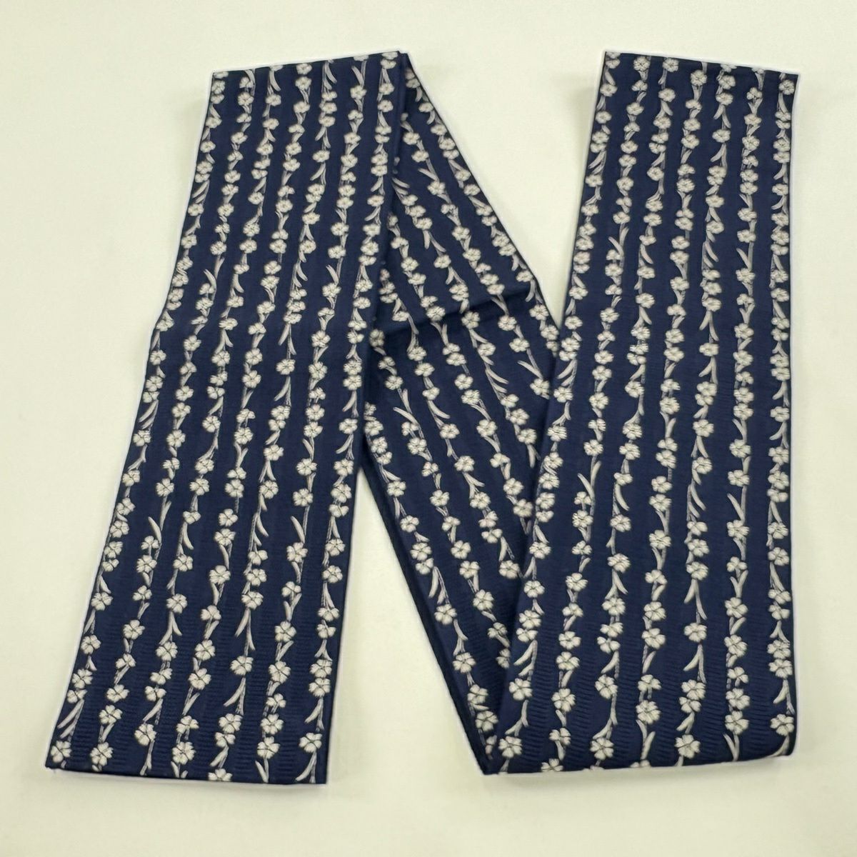 【美品】半幅帶 優品級 撫松樹庵 草花紋紋 縞 深藍 化纖