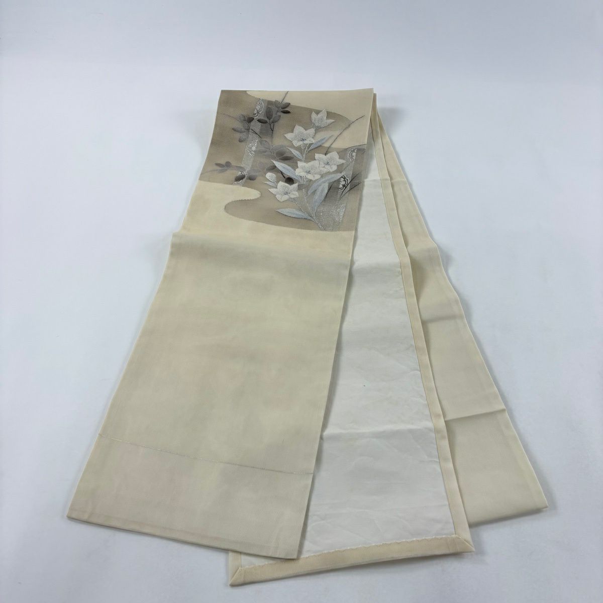開口名古屋帶 優品級 夏帶 紗 桔梗 萩 銀線 金金箔 米色 純蠶絲