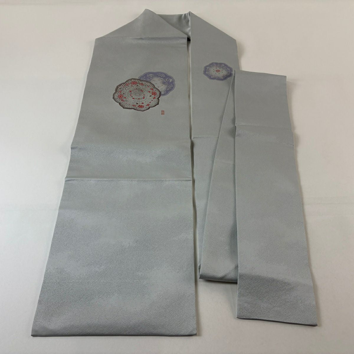 【美品】名古屋帶 優品級 有落款 關西仕立 鏡裏文 華紋 銀通 銀線 青灰色 純蠶絲