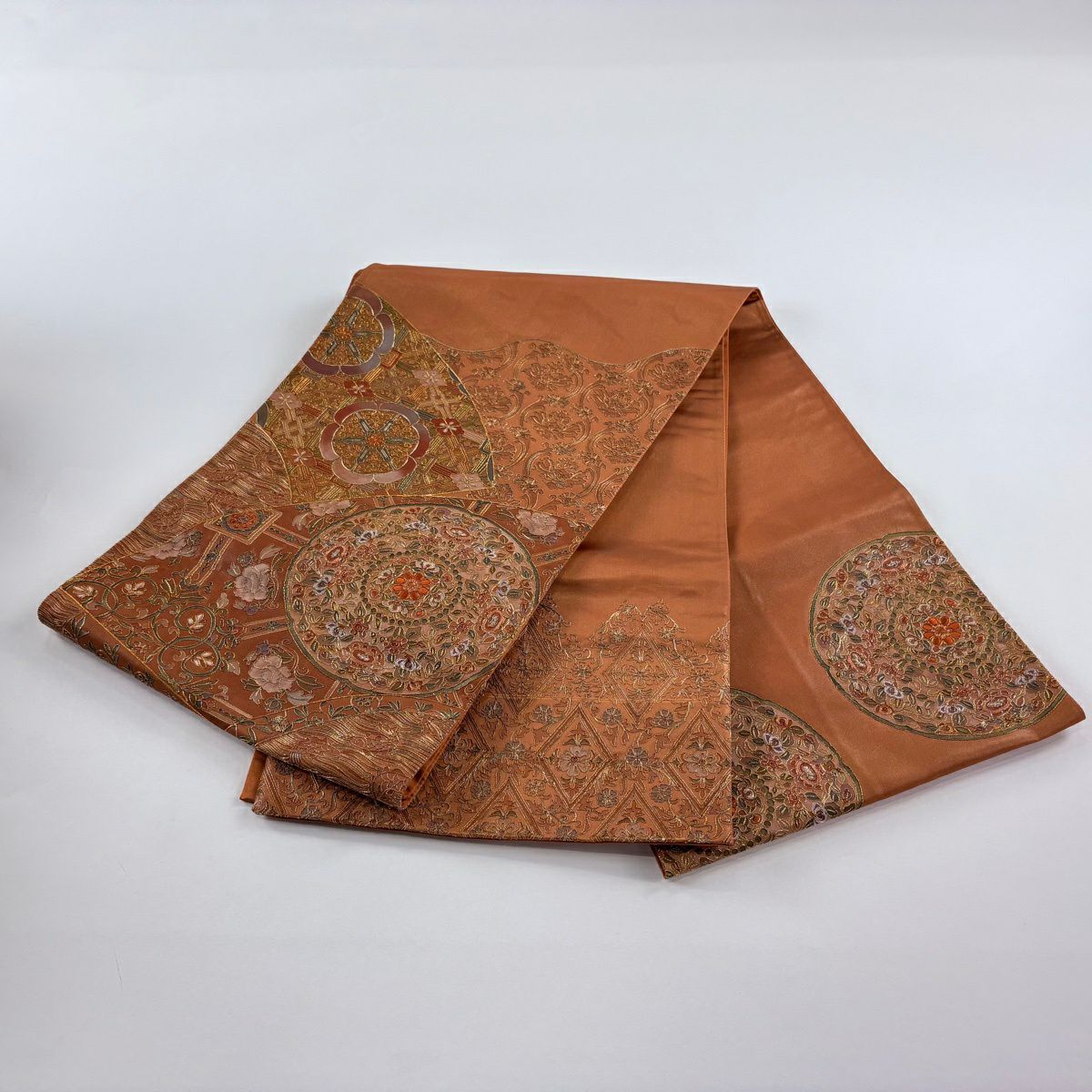 【美品】 袋帶 名品級 證書齊全 華紋 草花紋紋 金絲刺繡 橙色 大鼓圖案 純蠶絲