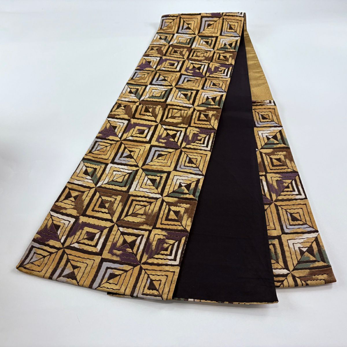 【美品】 袋帶 名品級 幾何圖案 金絲 茶 六通 純蠶絲