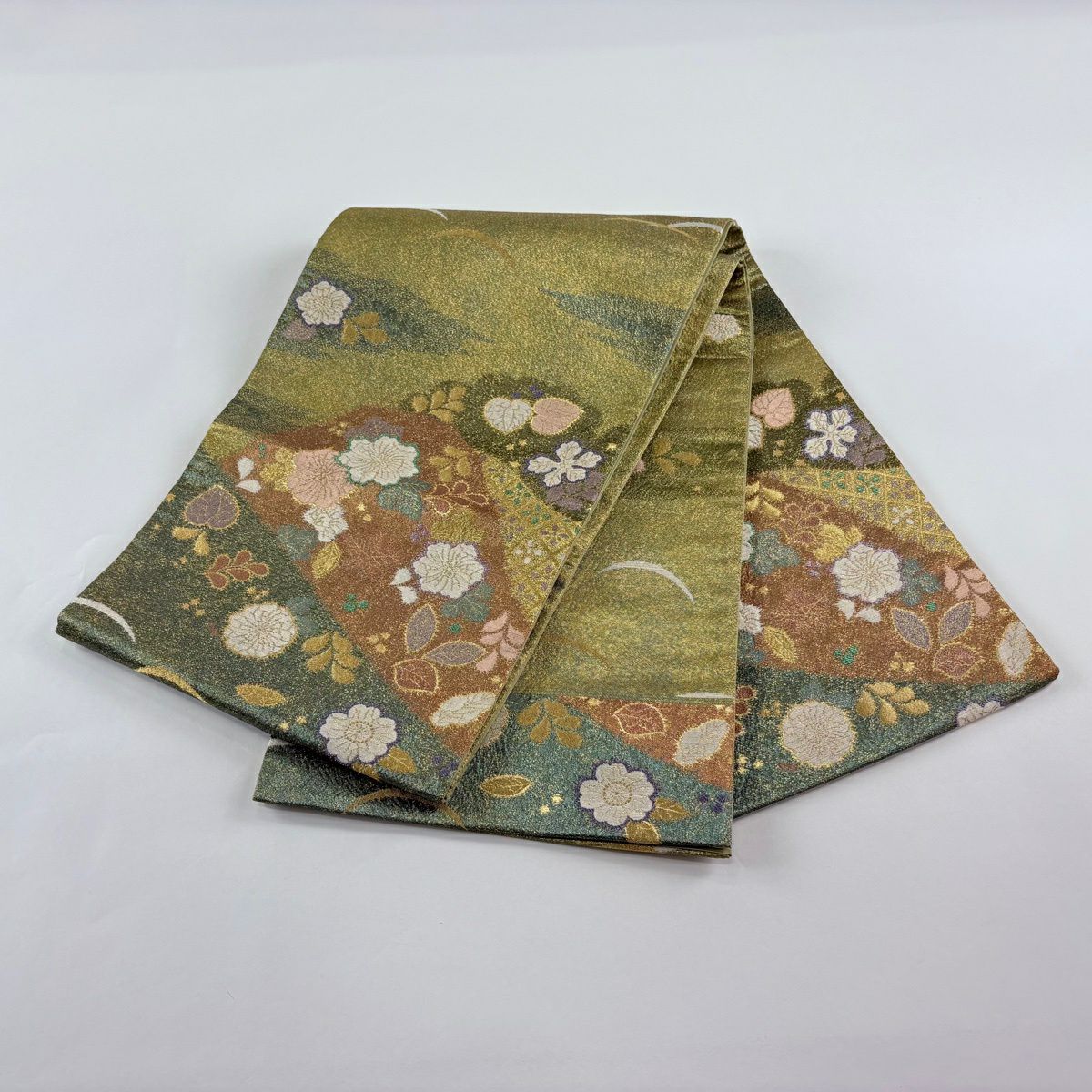 袋帶 名品級 草花紋紋 霞 金金箔 金絲 抹茶 深綠 純蠶絲