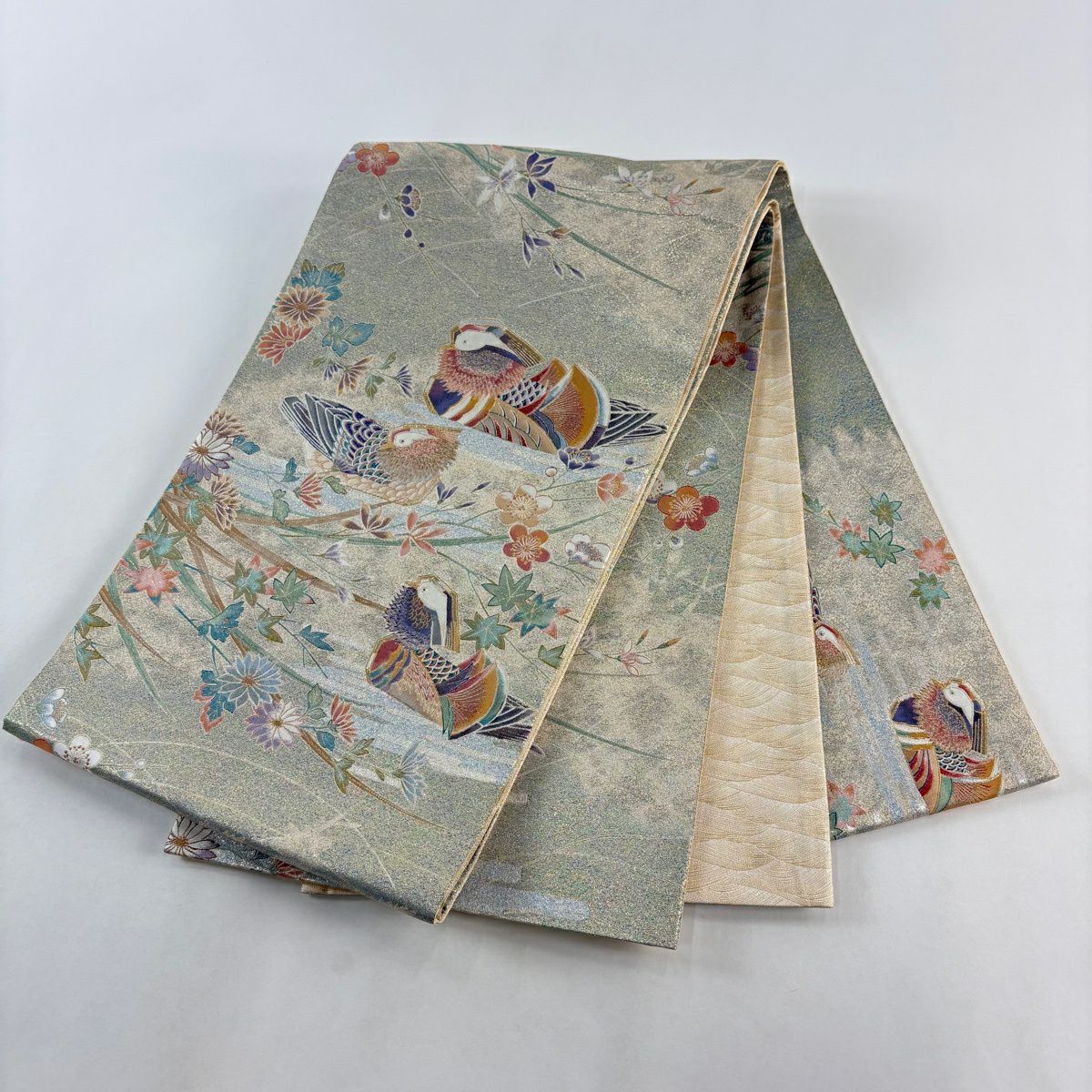 【美品】 袋帶 逸品級 鴛鴦 梅花 金糸 金金箔 淺綠 お太鼓圖案 純蠶絲