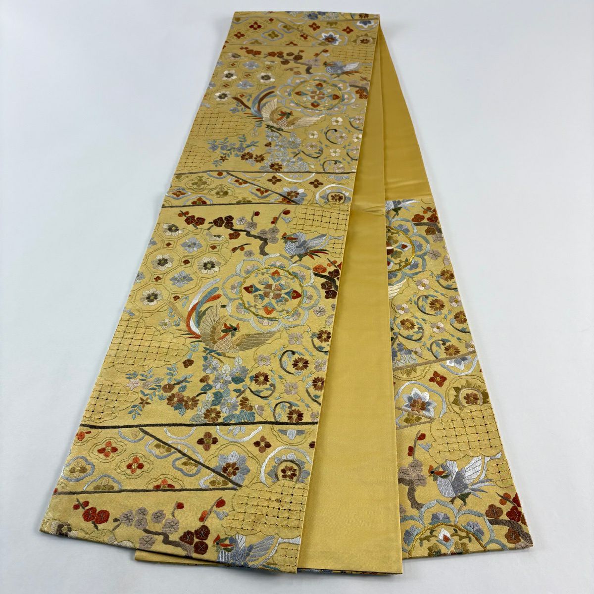 【美品】 袋帶 逸品級 華紋 鳳凰 刺繡 金金箔 金色 六通 純蠶絲